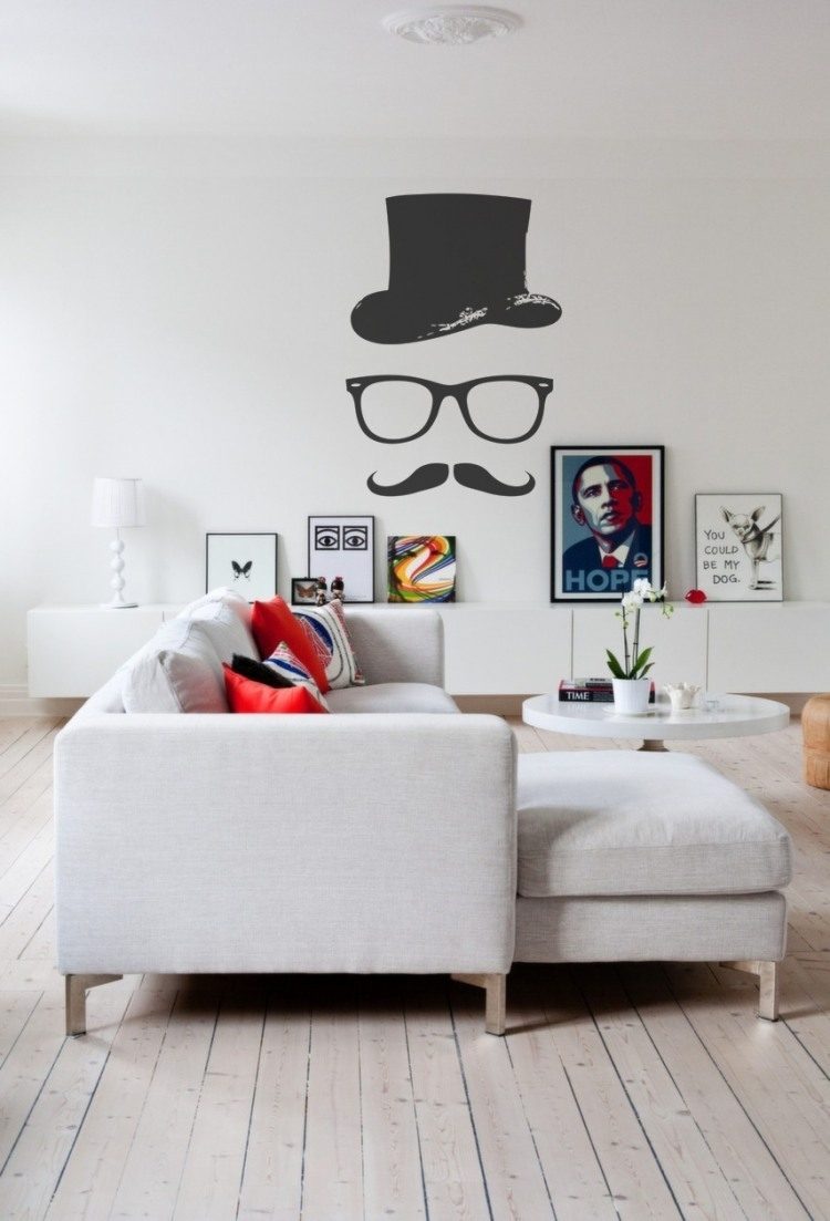 تصميم جدار-أسود-أبيض-غرفة المعيشة-صور-أريكة-ملصقات جدارية-شارب-قبعة-نظارات