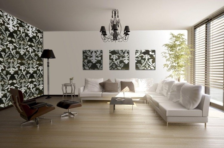 تصميم حائط-أسود-أبيض-غرفة معيشة-نمط الباروك-ورق حائط-أريكة-كرسي بذراعين-ضوء