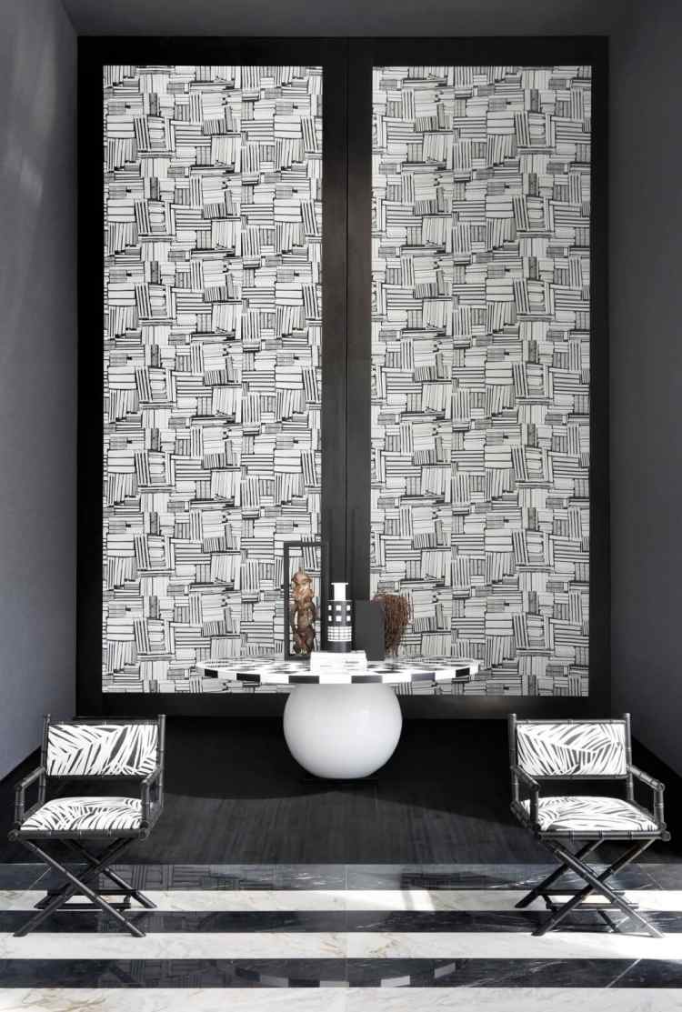 تصميم حائط-أسود-أبيض-غرفة معيشة-كرسي بذراعين-جدار-طباعة-نقش-شبكة