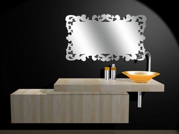 مرآة حائط خشبية قاعدة خزانة حمام تصميم