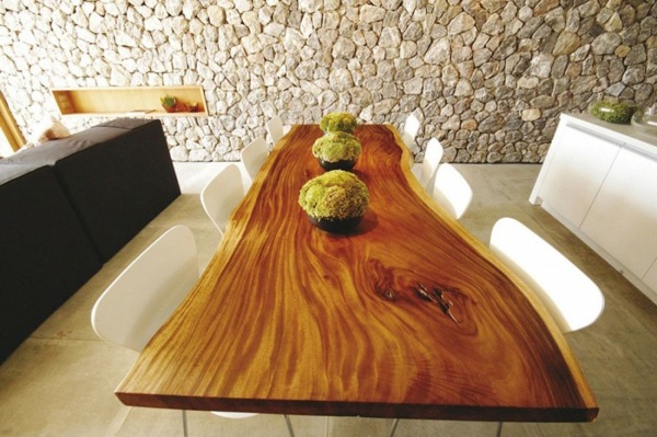 طاولة خشبية حديثة - غرفة طعام جدارية من الحجر الطبيعي