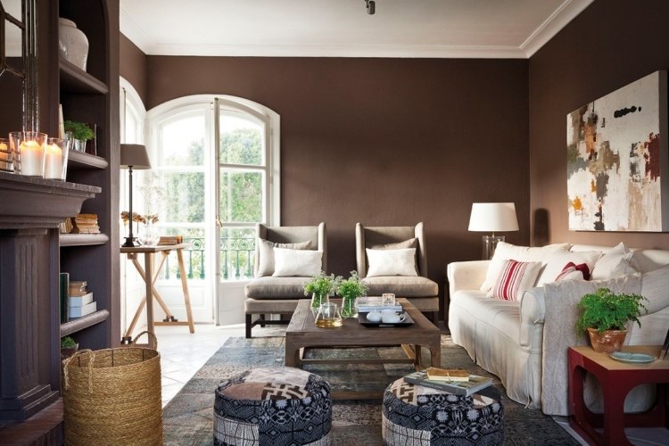 لون-تصميم-غرفة المعيشة-بني-لون الحائط-أريكة-الوسائد-صور-أرفف-قرميد