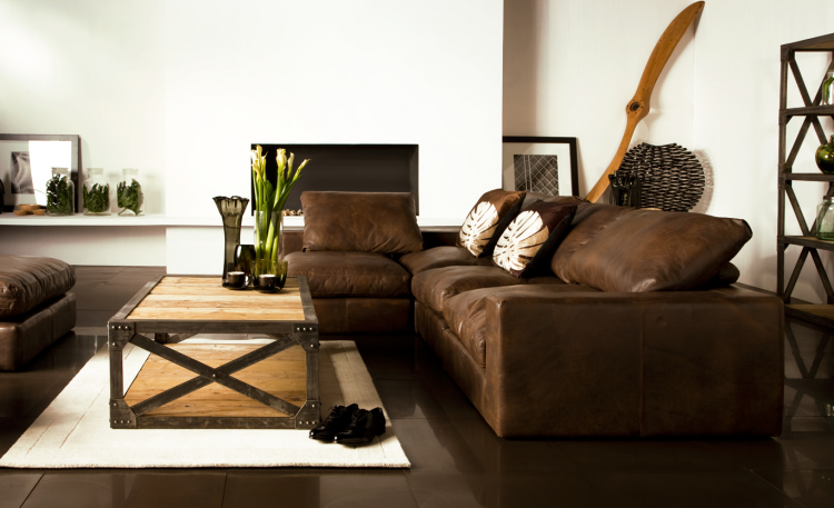 لون-تصميم-غرفة المعيشة-بني-أريكة-جلدية-زخرفة-طاولة القهوة-موقد