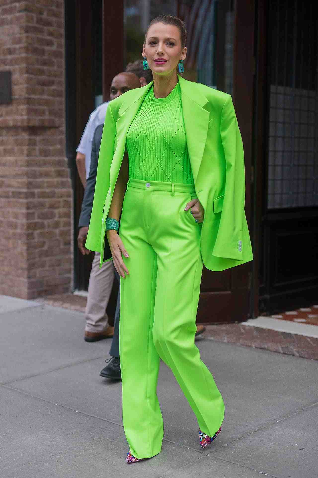Blake Lively Neon Suit Blazer Knit Top Fashion Trends