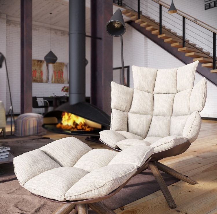 مدفأة مفتوحة - أرضية - كرسي بذراعين - تنجيد - سلالم - تصميم صناعي - خشب