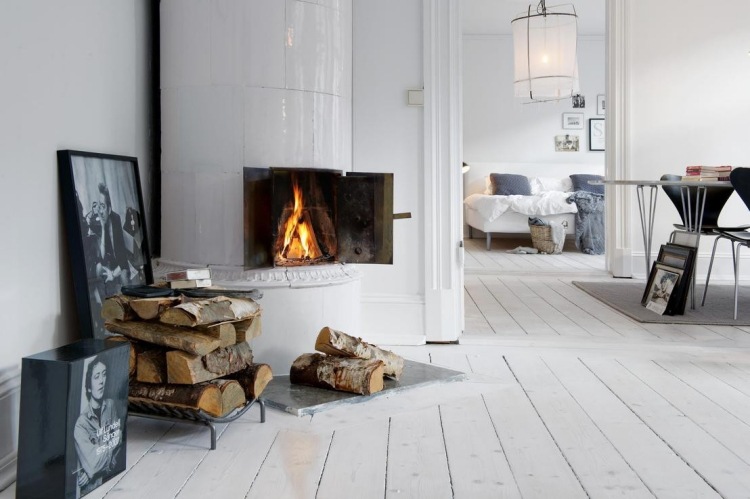 مدفأة مفتوحة - أرضية خشبية - بيضاء - خشبية - بيضاء - اسكندنافية - تصميم - سيراميك