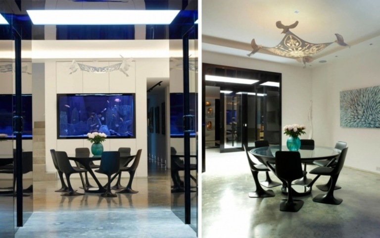 أفكار تزيين الحائط غرفة الطعام الحديثة الأبيض الأزرق تصميم حوض السمك مصباح الأصلي