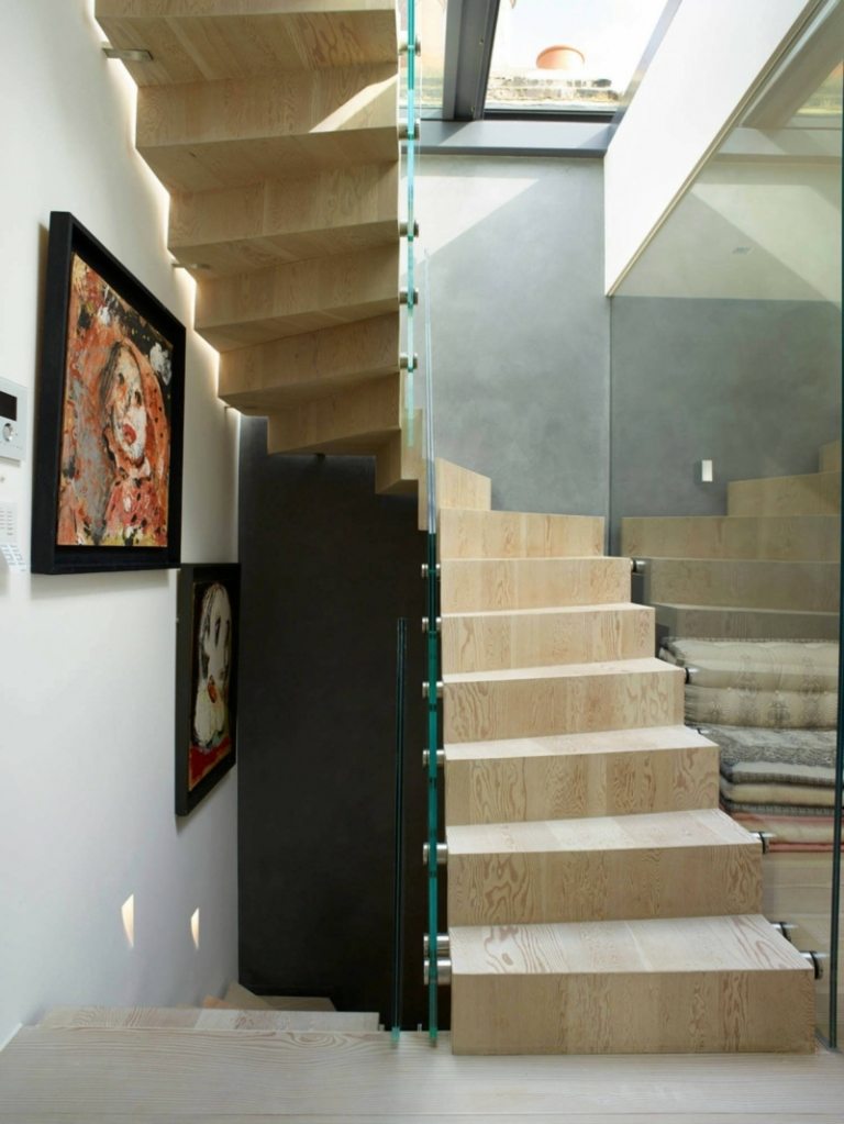أفكار تزيين الحائط الدرج تصميم الخشب درابزين الزجاج الحديث