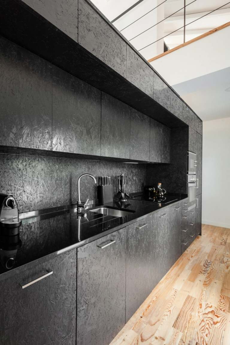 لوحات osb أثاث المطبخ الأسود الحديث بالوعة بلاط المرآة