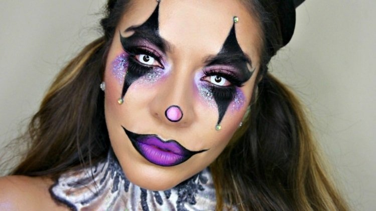 امرأة مهرج مكياج بريق عيون أرجوانية فم Halloween