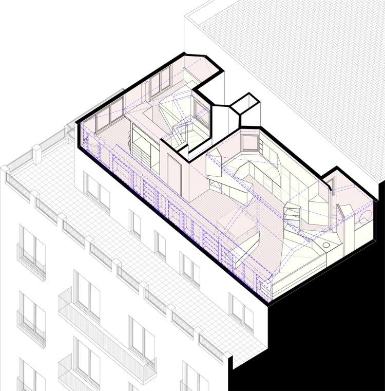 إسقاط محوري لشقة في الطابق العلوي في برشلونة بمساحات ضيقة
