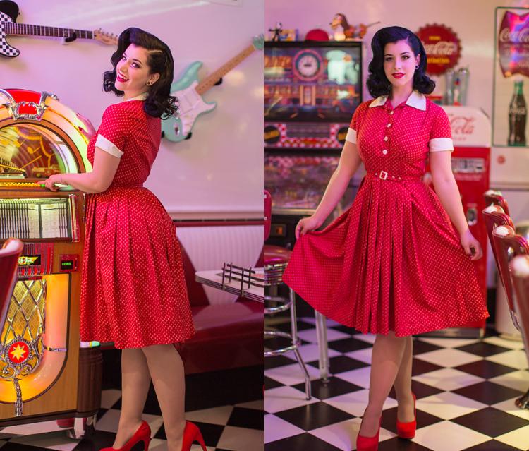 أفكار أزياء موتوبارتي الخمسينيات للسيدات ليلة رأس السنة مع فستان أحمر روكابيلي مع نقاط