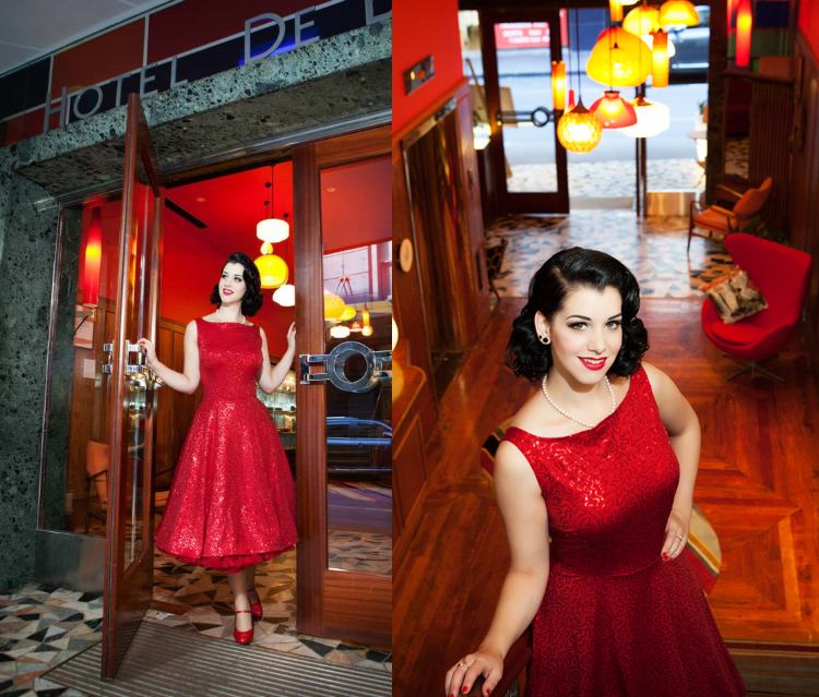 تنظم Motto Party Retro 50s للعام الجديد فستان سهرة أحمر روكابيلي مع ترتر