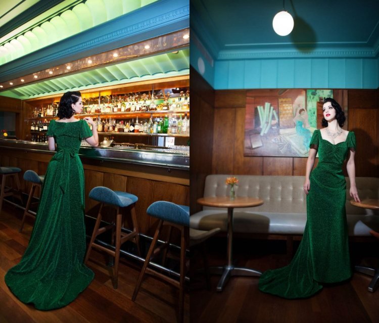 Mottoparty 50s فستان سهرة أخضر طويل رسمي مع فيونكة على الظهر وخط رقبة على شكل قلب