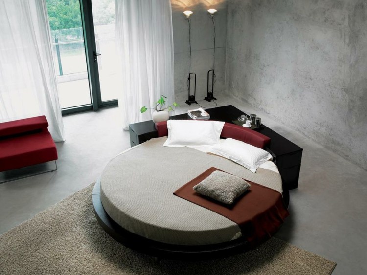 سرير دائري أسود إطار سرير غرفة نوم حديثة جدار مظهر خرساني