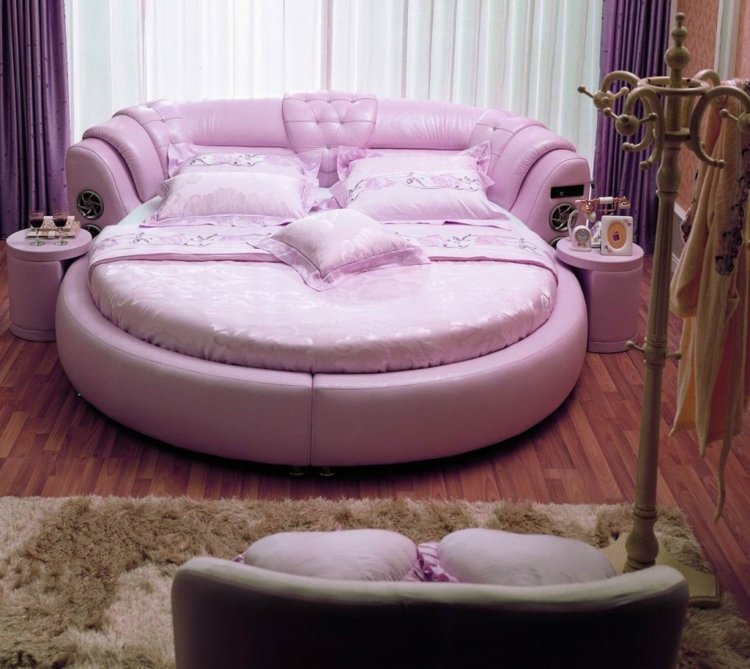 سرير بناتي مستدير باللون الوردي تصميم ستائر باركيه جلدية أرجوانية رف ملابس