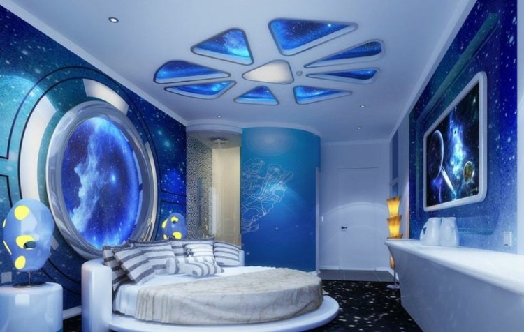 أسرة مستديرة الأولاد غرفة الشباب موضوع الفضاء الأزرق
