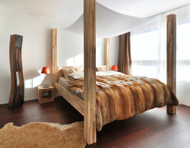 شعاع خشب لغرفة النوم على طراز جبال الألب غطاء سرير من الفرو
