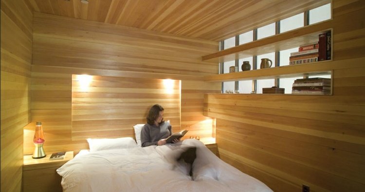 فكرة السرير غرفة نوم خشبية الإضاءة نافذة الجرف