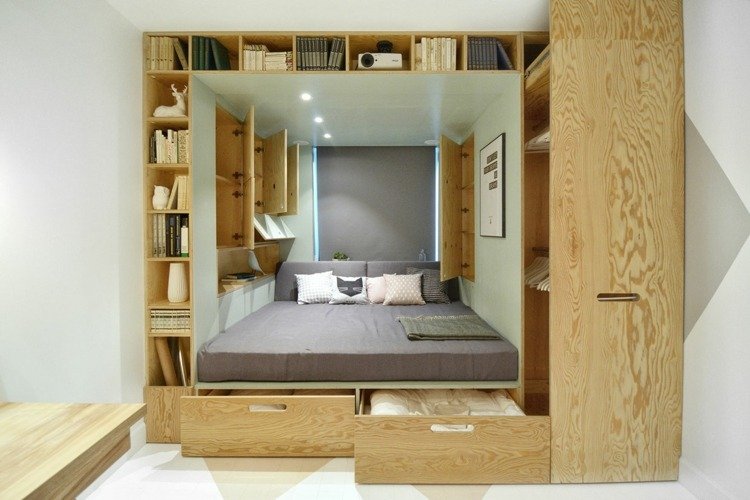 فكرة غرفة نوم خشبية خزانة ملابس عملية مدمجة