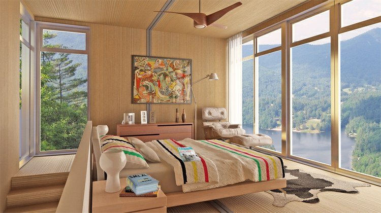 التصميم الداخلي لغرفة النوم والنافذة الأمامية من الكتان والخشب الفكرة