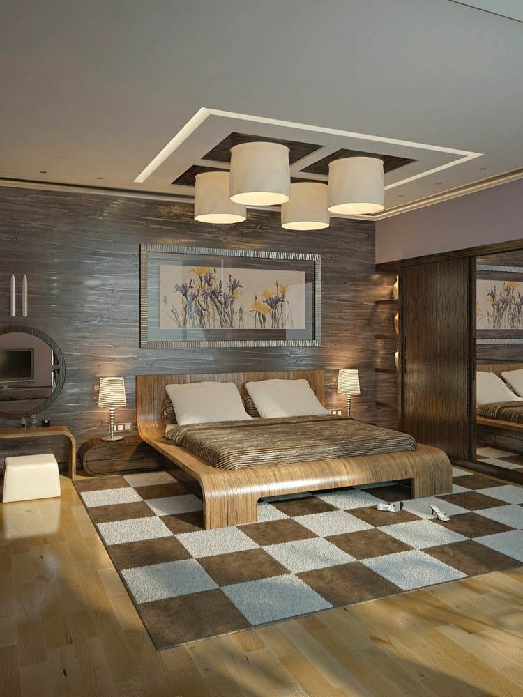 غرفة نوم ريفي تصميم سرير خشبي نسيج الشطرنج