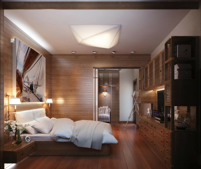 تصميم غرفة نوم صغيرة سرير باركيه راحة جدار مصباح حديث
