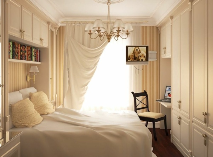تصميم غرف نوم رومنسية ستائر بيضاء صغيرة خزانة كريم