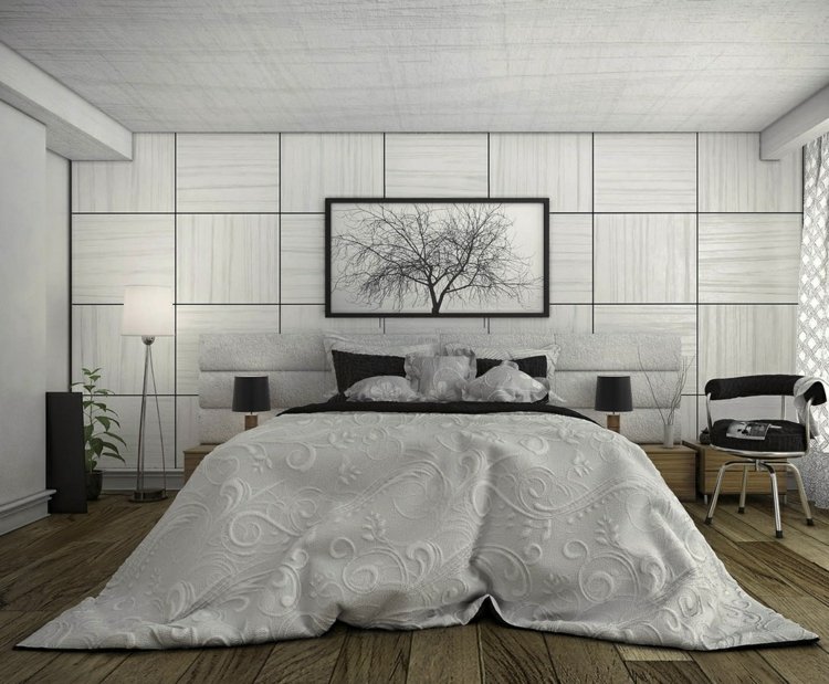 غرفة نوم أرضية خشبية بيضاء ألواح الجدران الجدار الديكور الصورة