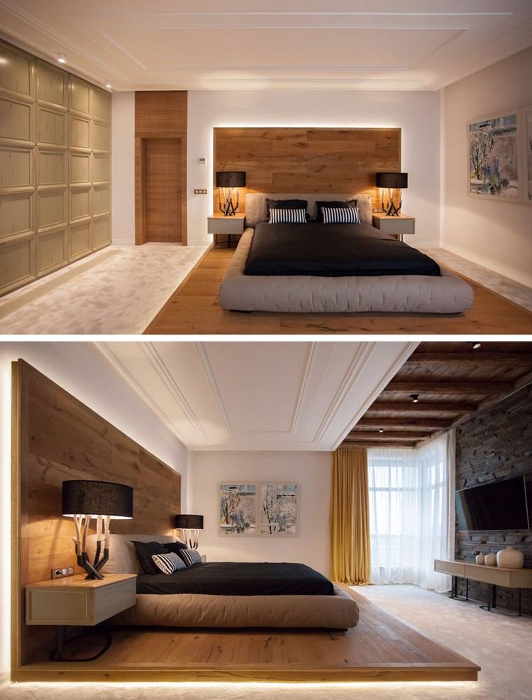 تصميم غرفة النوم مع قاعدة إضاءة خشبية حديثة غير مباشرة