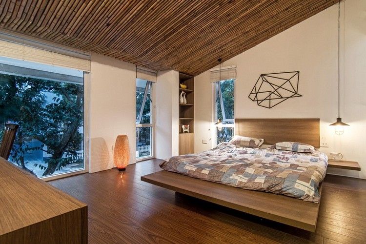 غرفة نوم - تصميم - سرير خشبي - سرير - أرضيات خشبية - سقف - أرض - سقف - نافذة