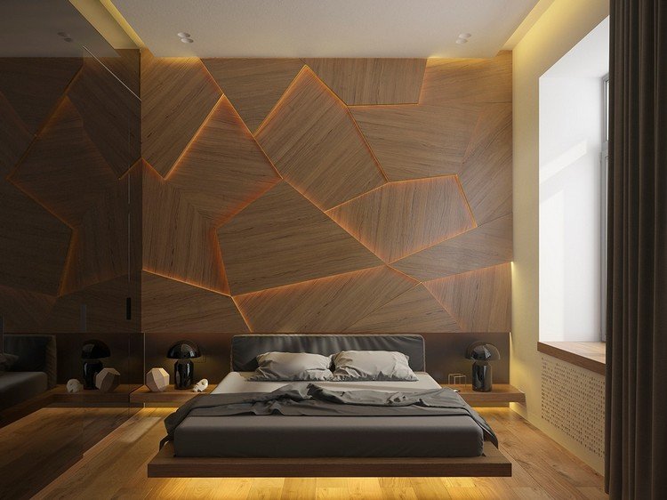 غرف نوم - تصميم - خشب - خشب - لوحات - حائط - اضاءة ليد