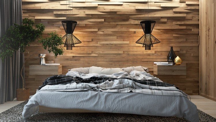 غرفة نوم - تصميم - خشب - جدار - خشب - لوحات - تأثير ثلاثي الأبعاد