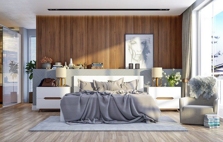 غرفة نوم-تصميم-خشب-جدار-تصميم-حديث-رمادي-تتحد