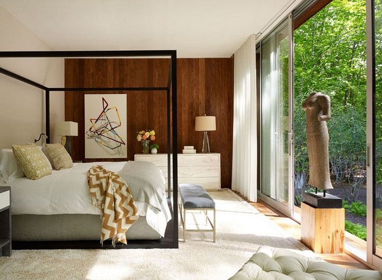 غرفة نوم - تصميم - تكسية خشبية - جدار - ريفي