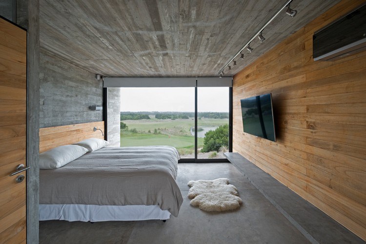 غرفة نوم - تصميم - خشب - خرسانة - مزيج - الحد الأدنى
