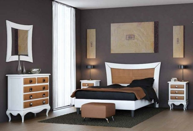 غرفة نوم بإعداد أفكار تصميم لون الجدار الأرجواني