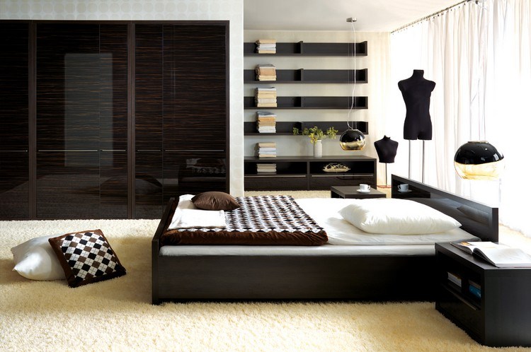 غرفة نوم-تصميم-افكار-اثاث-الوان غامقة-خشب شديد اللمعان