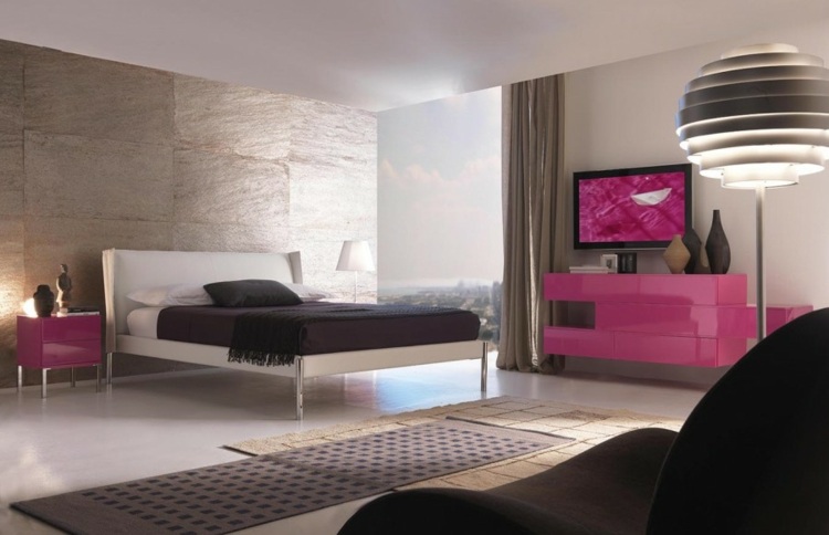 أفكار لغرفة النوم تغطي الجدران بلاط تسريحة حديثة باللون الوردي شديد اللمعان