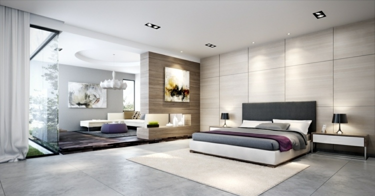 أفكار غرف نوم حديثة فسيحة باللون الرمادي الفاتح أحادية اللون