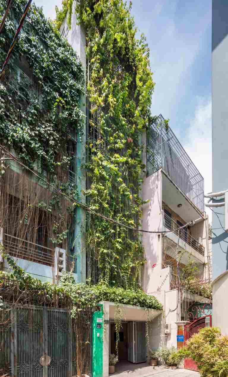 منزل يتنفس بواجهة نباتية مبنية بين مبنيين