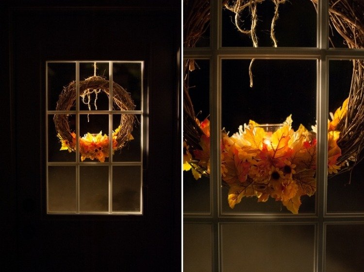 تزيين النافذة-الخريف-افعل ذلك بنفسك-DIY-أوراق الخريف-إكليل-الأغصان-المساء-ضوء-شمع-ضوء الرياح