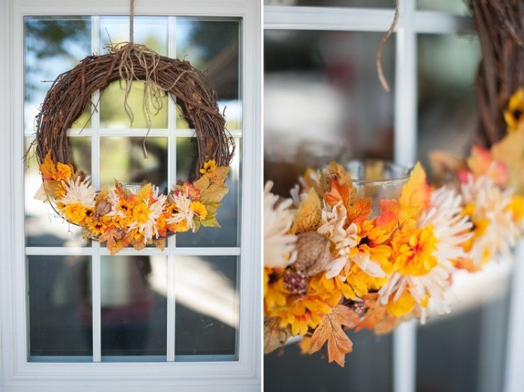 زخرفة النوافذ في الخريف-افعل ذلك بنفسك-العبث-DIY-أوراق الخريف-إكليل-الأغصان-الشمعة الصغيرة-زخرفة الجوز الجميلة