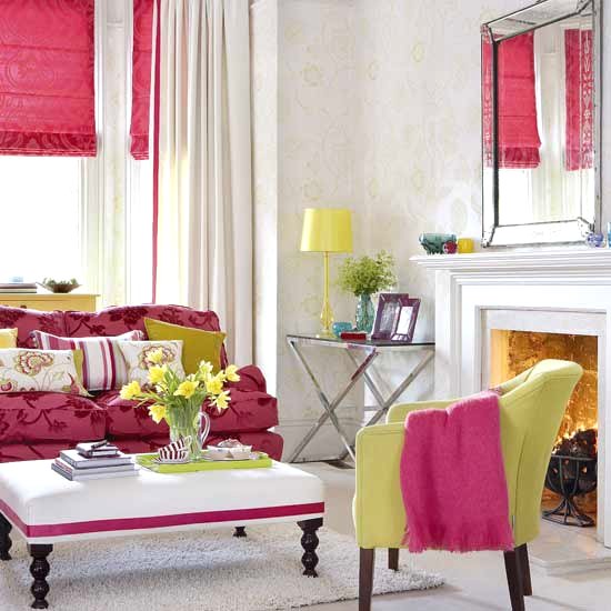 غرفة المعيشة الأرجواني الوردي مجموعة ألوان الربيع الأخضر