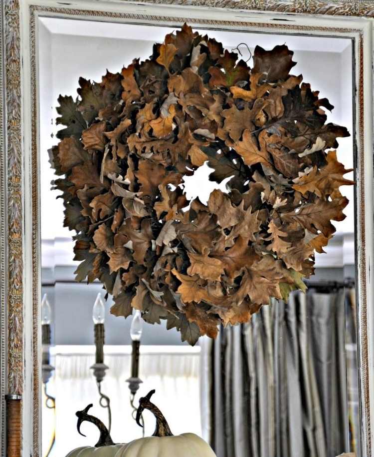 زخرفة الخريف-ترقيع-أوراق الخريف-البلوط-إكليل-كبير-بالطبع-مرآة-حقيقية-مستطيل