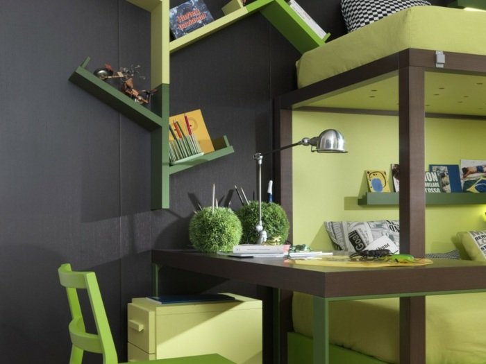 مكتب الأطفال الأخضر سرير علوي مكتب متكامل رف جدار