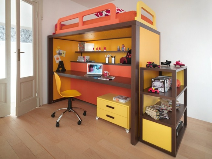 مكتب سرير علوي للأطفال برتقالي أصفر بتصميم حديث