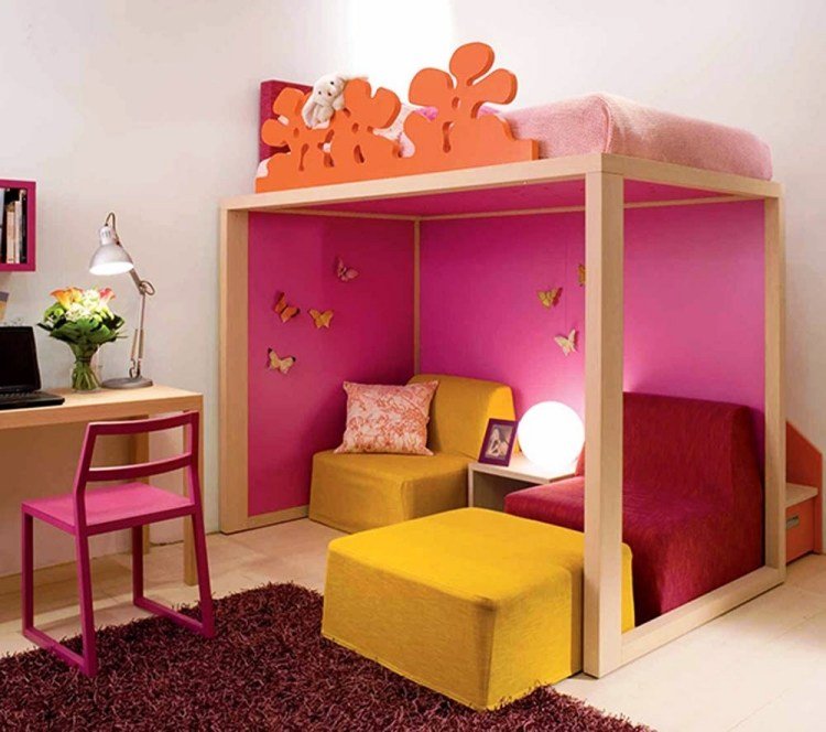 كرسي مكتب للأطفال - خشب وردي - سرير مرتفع - كرسي بذراعين - تحته