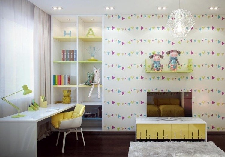 كرسي مكتب للاطفال اصفر-تنجيد-ورق حائط-اخضر-رفوف