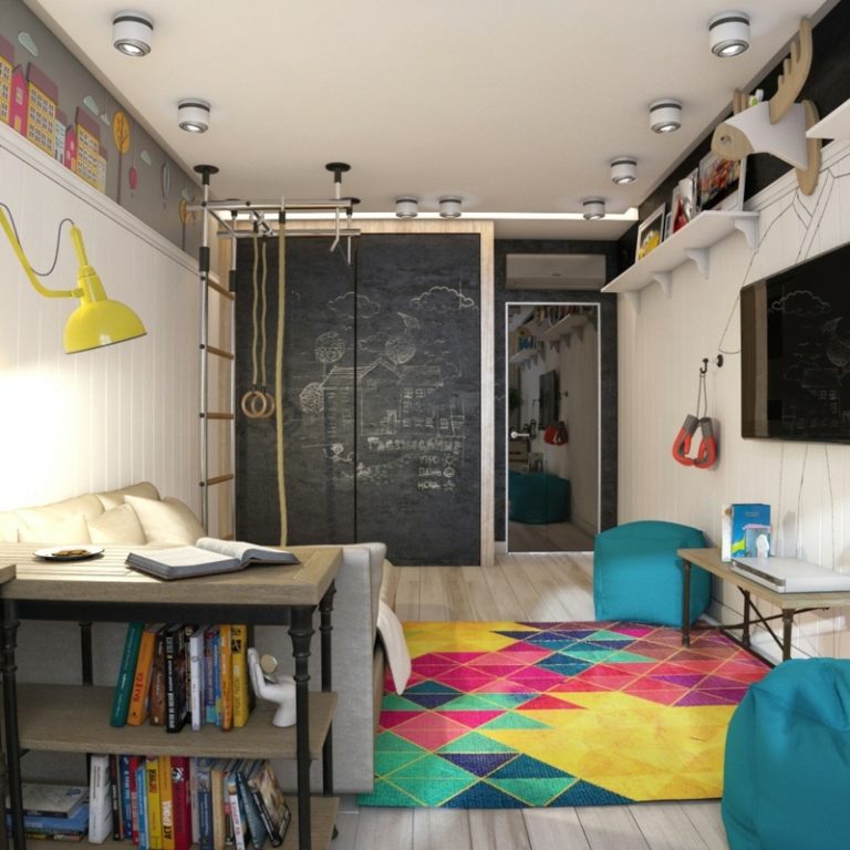 لون الجدار الأسود غرفة الأطفال الحديثة الملونة السجاد إطار التسلق الهندسي